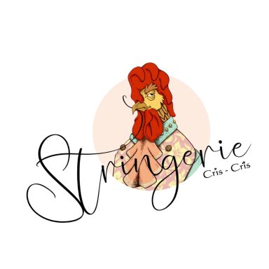 Das Logo der Stringerie Cris-Cris zeigt einen liebevoll gezeichneten Hahn und einen schwungvollen Schriftzug.